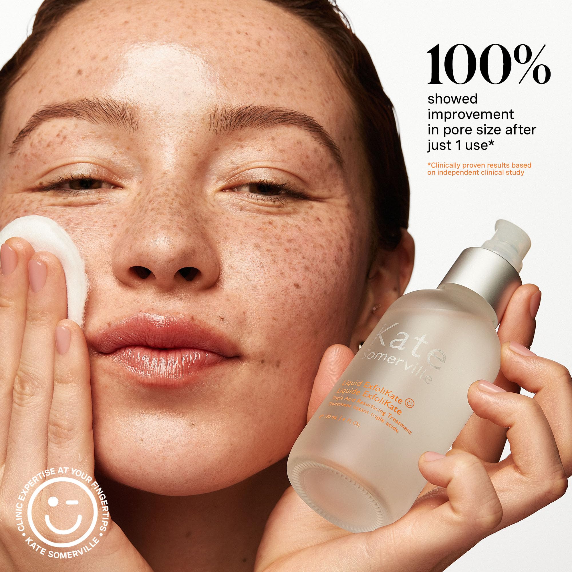 Close-up showing radiant skin after using Kate Somerville Liquid ExfoliKate overnight.