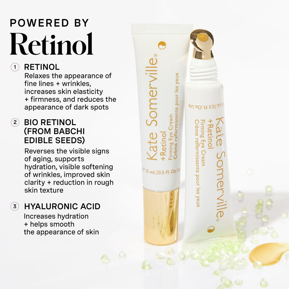 Close-up label of Kate Somerville Retinol Firming Eye Cream highlighting BioRetinol