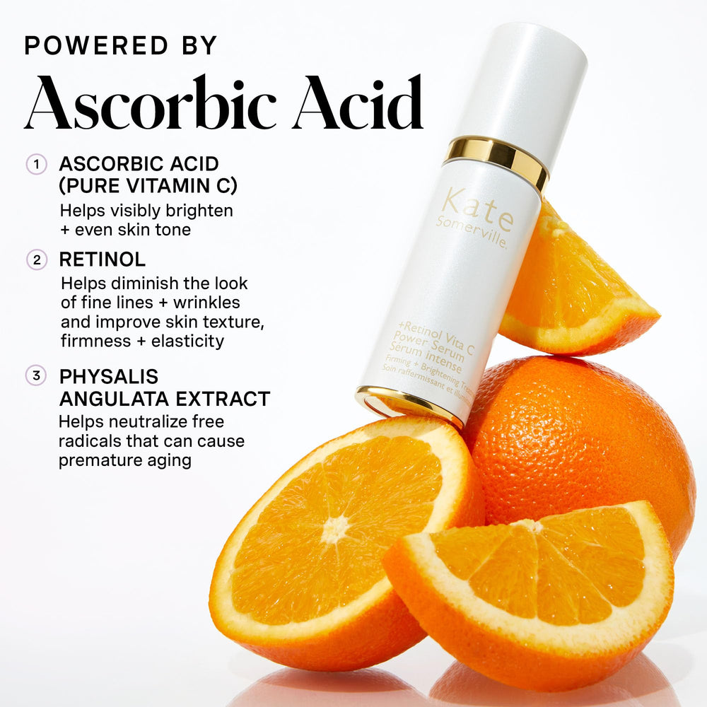 Close-up of Kate Somerville Retinol Vita C Power Serum dropper highlighting luminous texture