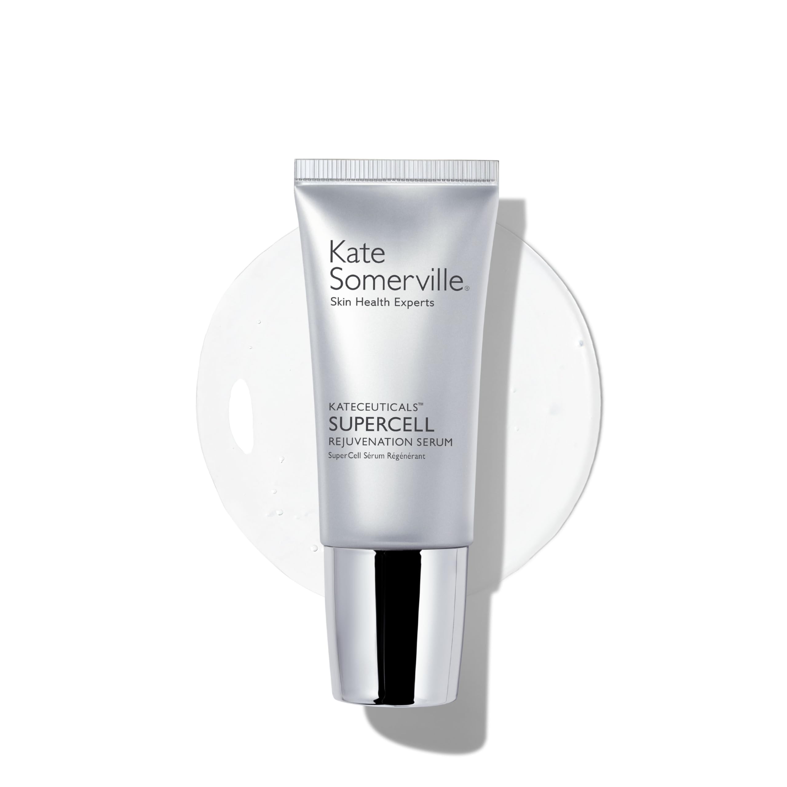 Kate Somerville SuperCell Serum bottle on vanity promotes radiant, healthy-looking skin.