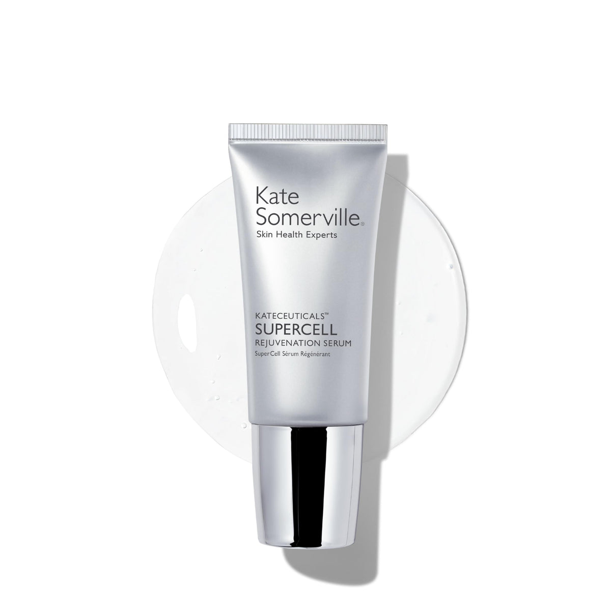 Kate Somerville SuperCell Serum bottle on vanity promotes radiant, healthy-looking skin.