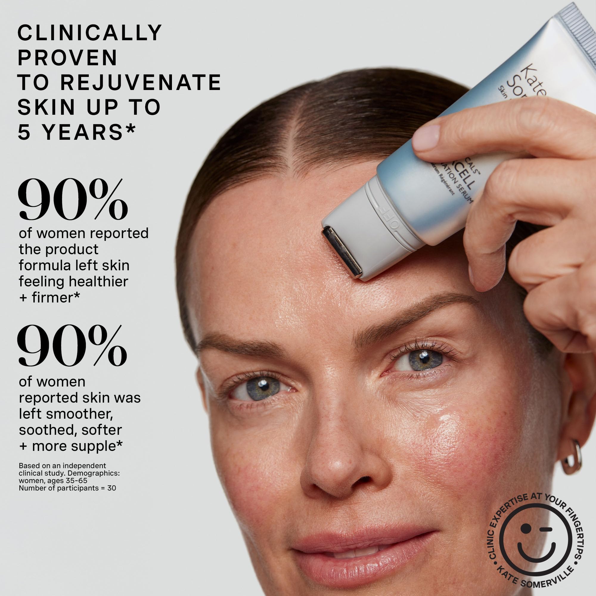Kate Somerville SuperCell Serum sits on bathroom sink, inviting daily skincare routine.