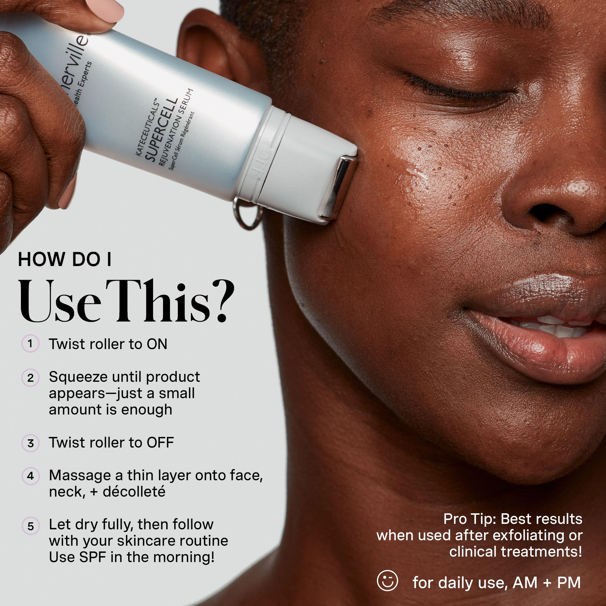 Open Kate Somerville SuperCell Serum bottle with dropper for easy daily use.