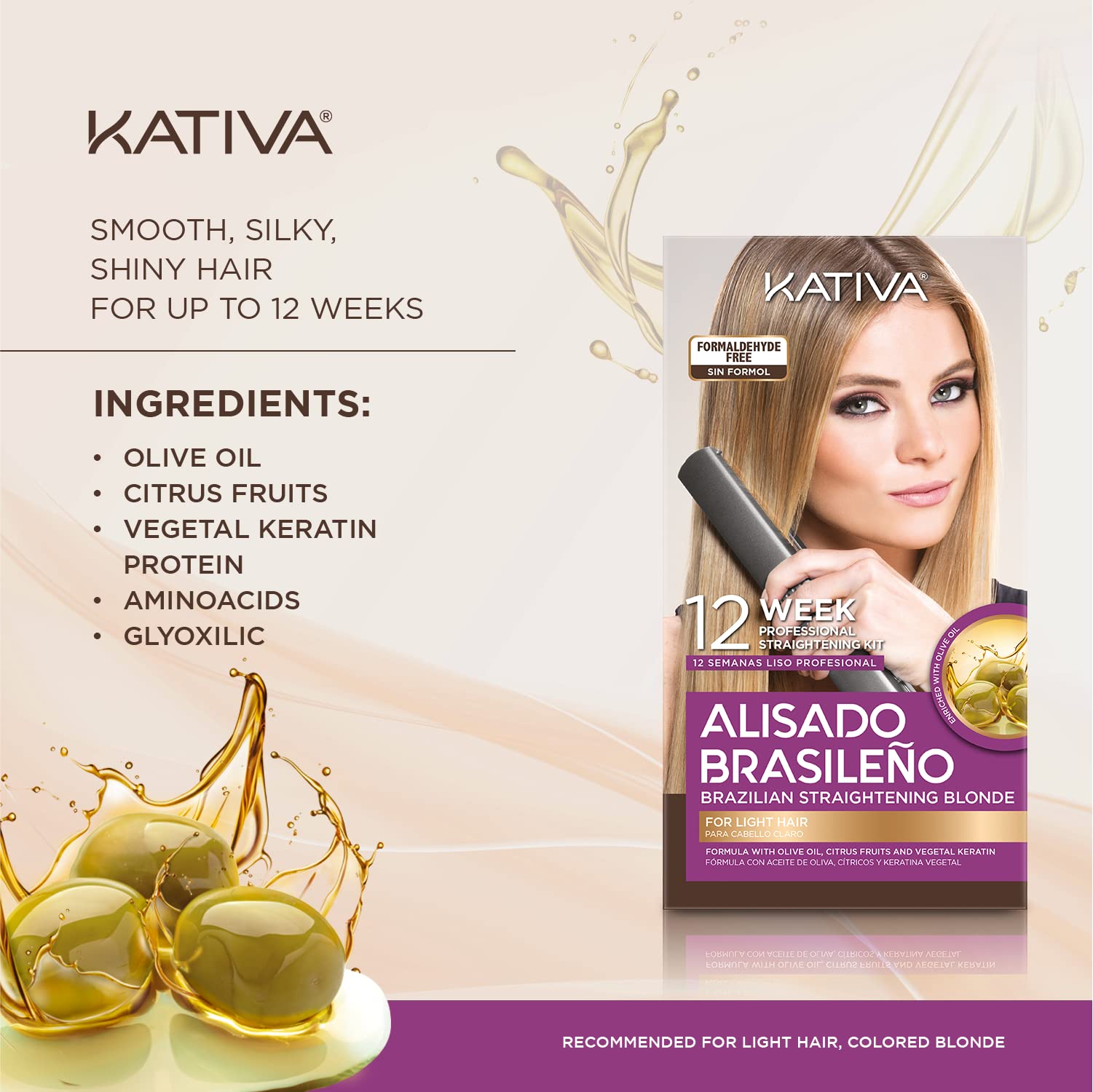 KATIVA Blonde Straightening Kit finishes with sleek, frizz-free results at home.