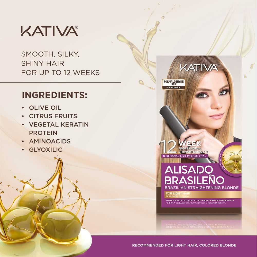 KATIVA Blonde Straightening Kit finishes with sleek, frizz-free results at home.