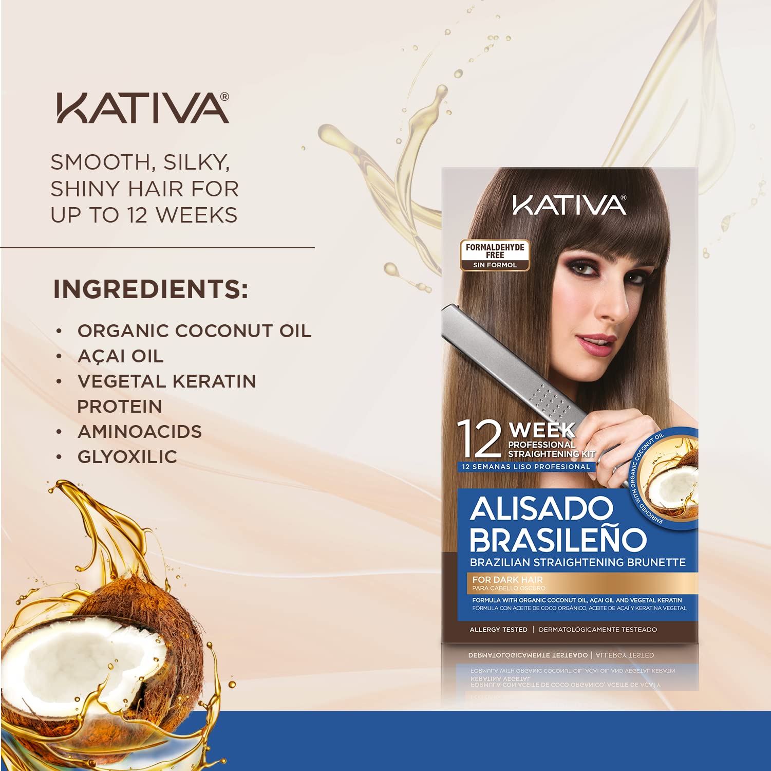 KATIVA bottle with keratin and oils promotes smooth, shiny brunette results.