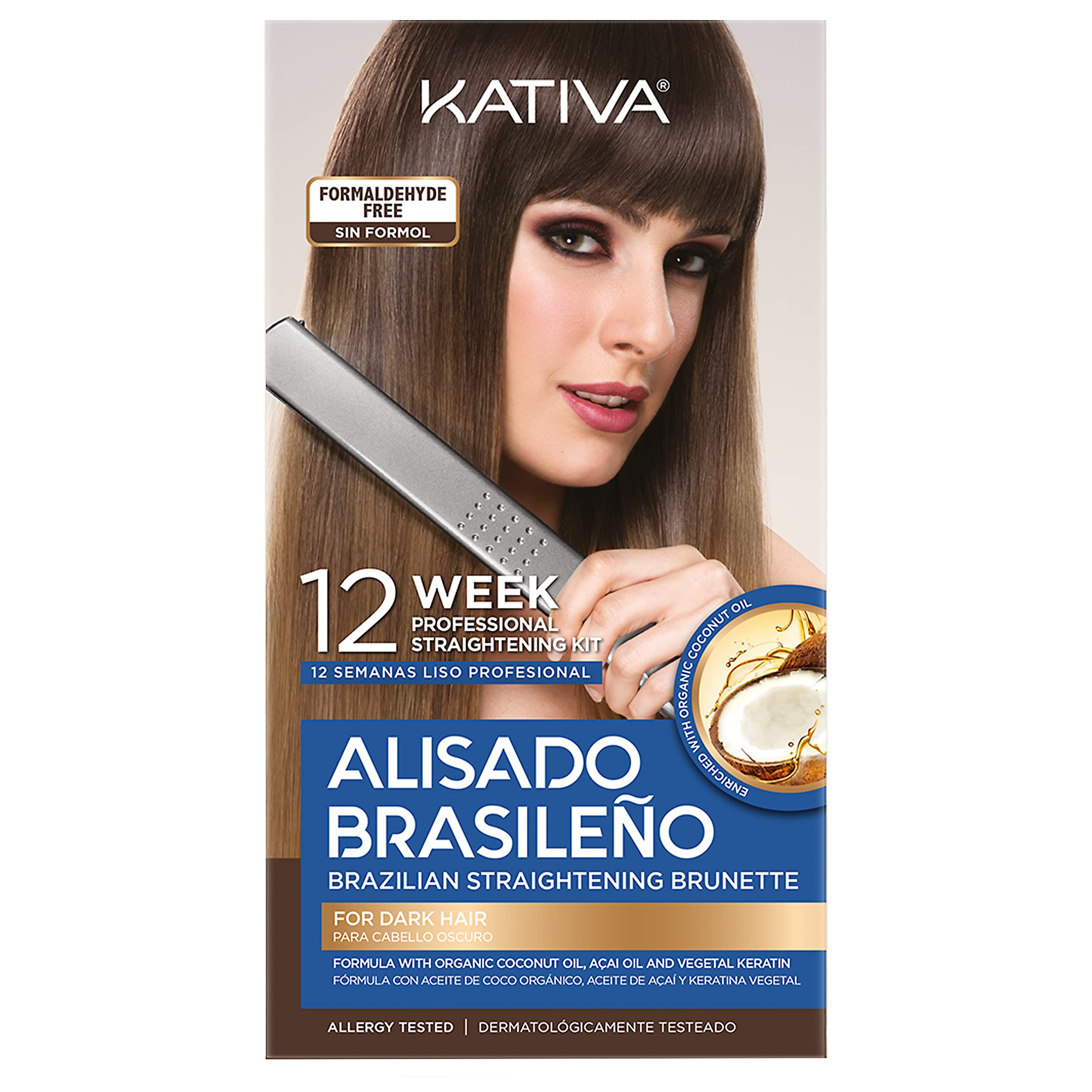 KATIVA packaging for the Brazilian Straightening Brunette Kit, at-home professional results.