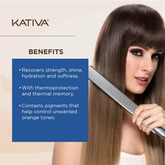 KATIVA Straightening Mask tube shown, delivering smoothness during treatment.