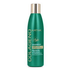 Kativa Collagen Line shampoo bottle signaling revitalized hair texture.