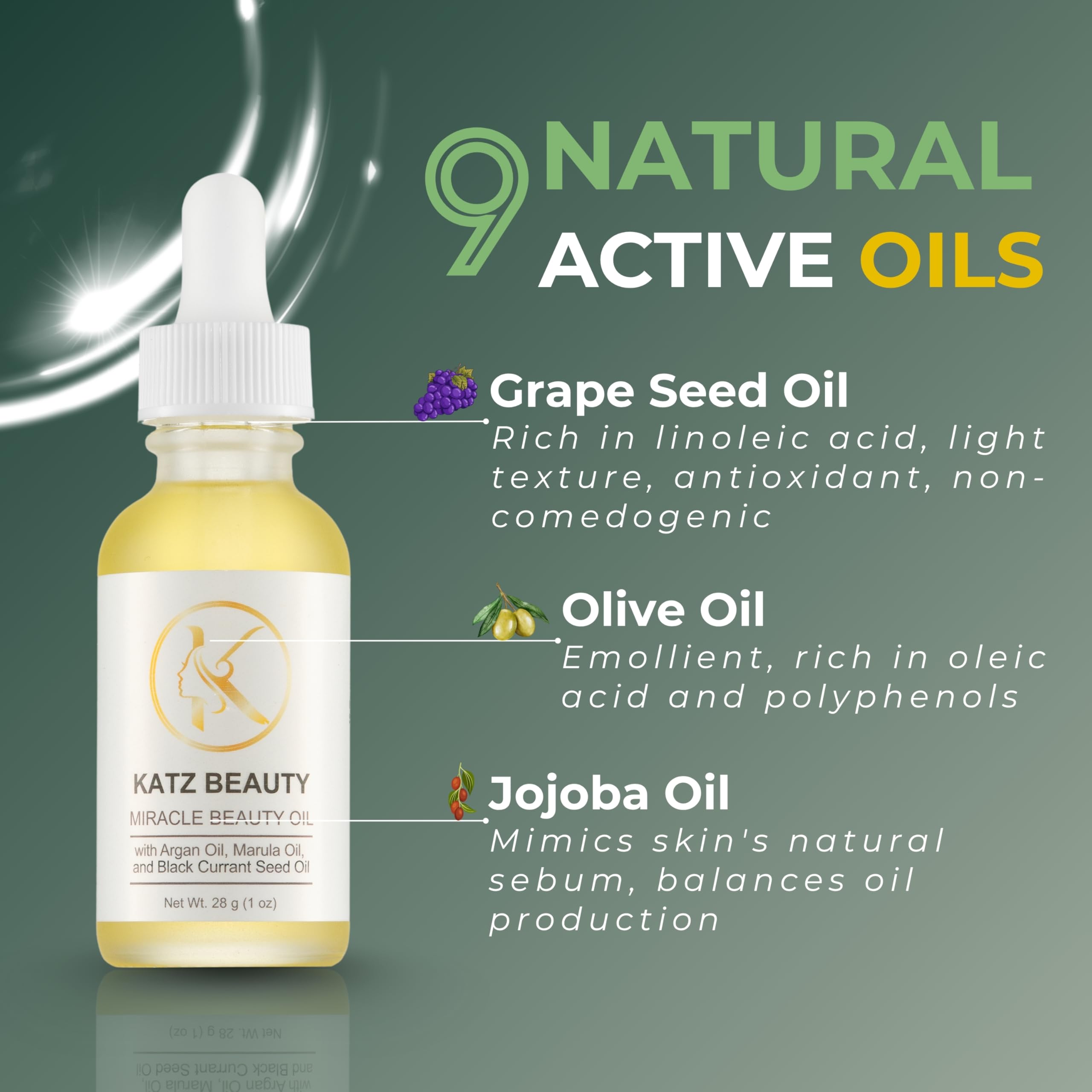 Katz Beauty Miracle Oil bottle highlights marula and argan oils nourishing benefits