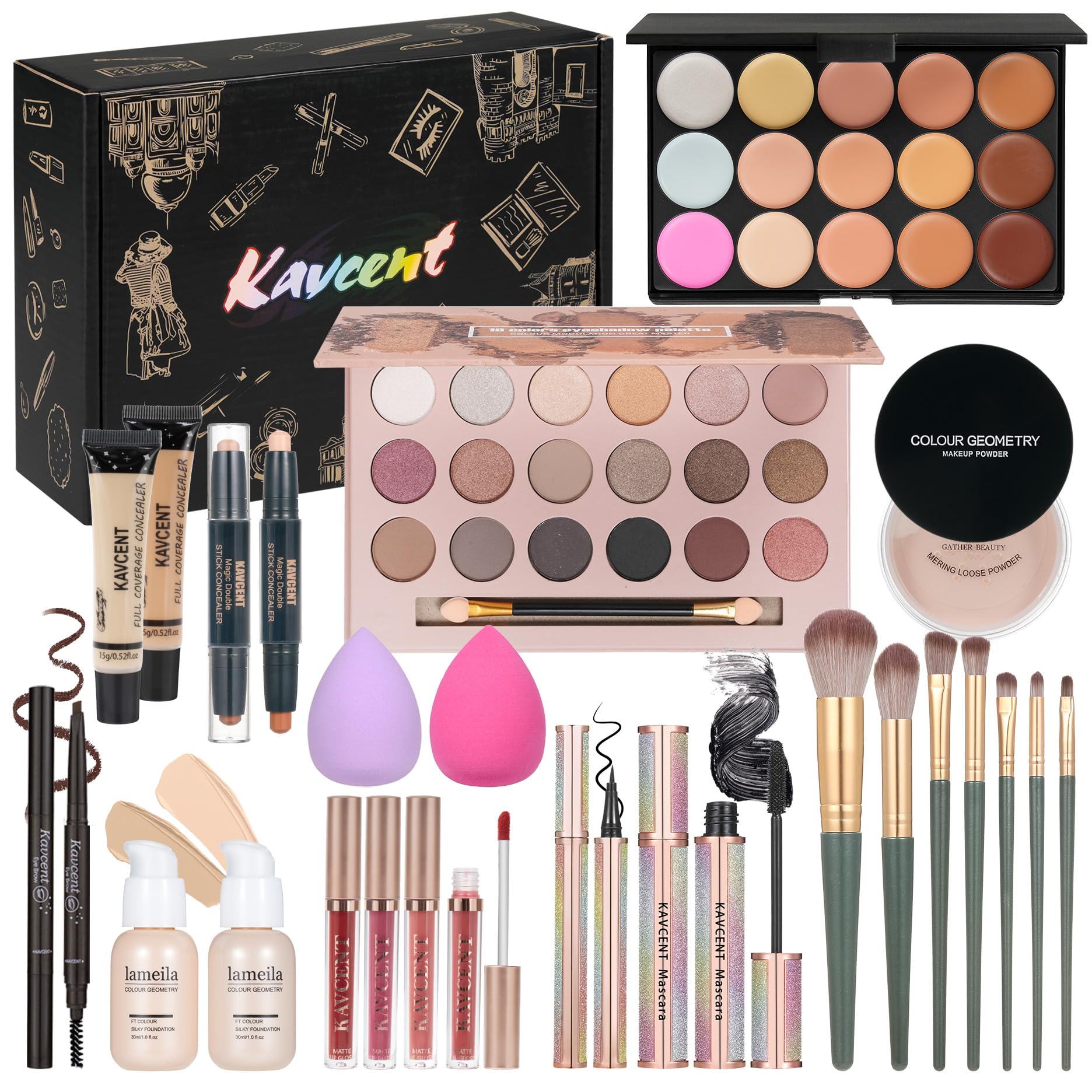 KAVCENT all-in-one makeup kit with 18-color palette for versatile looks