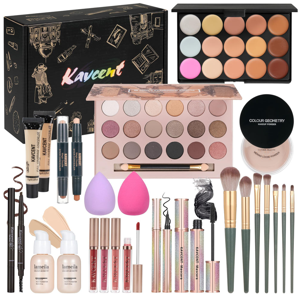 KAVCENT all-in-one makeup kit with 18-color palette for versatile looks
