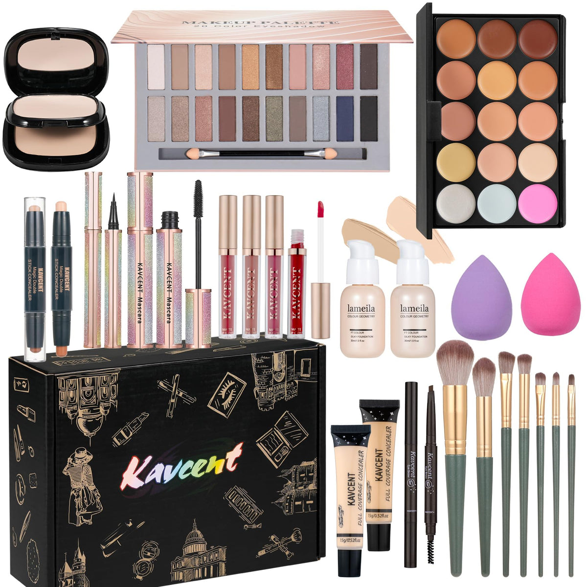 KAVCENT makeup kit with 20-color eyeshadow palette for versatile daily looks.