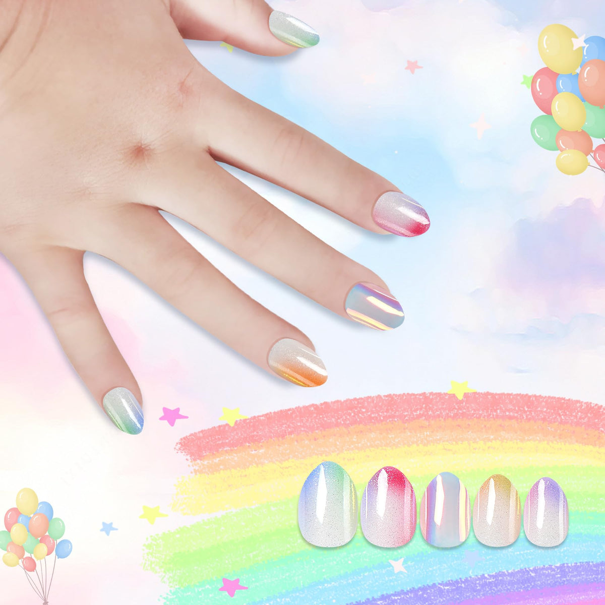 Kawyehu Kids Shell Shine almond nails ready for quick, fun nail art for girls