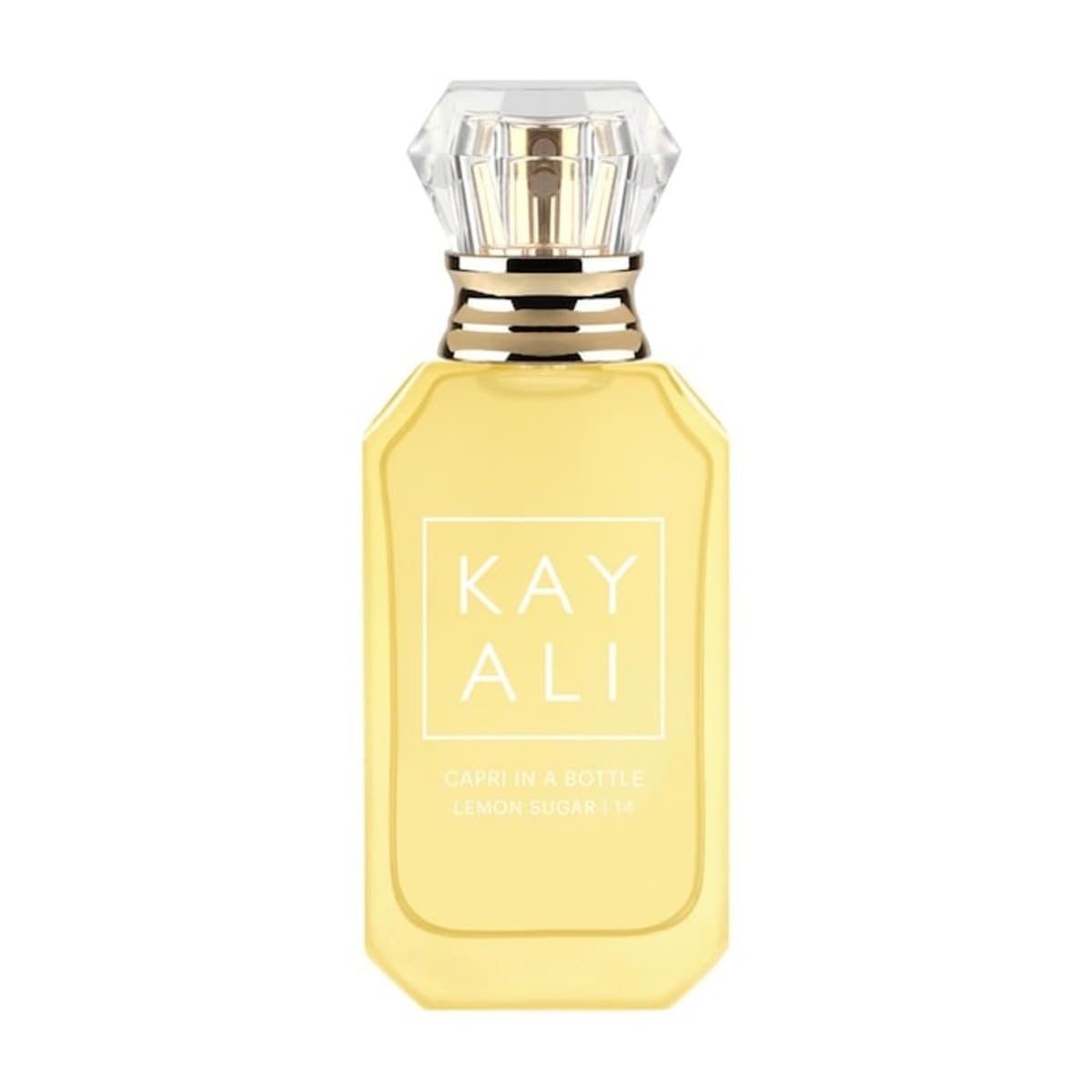 Kayali Capri Lemon Sugar bottle front view, bright unisex fragrance for daily wear.