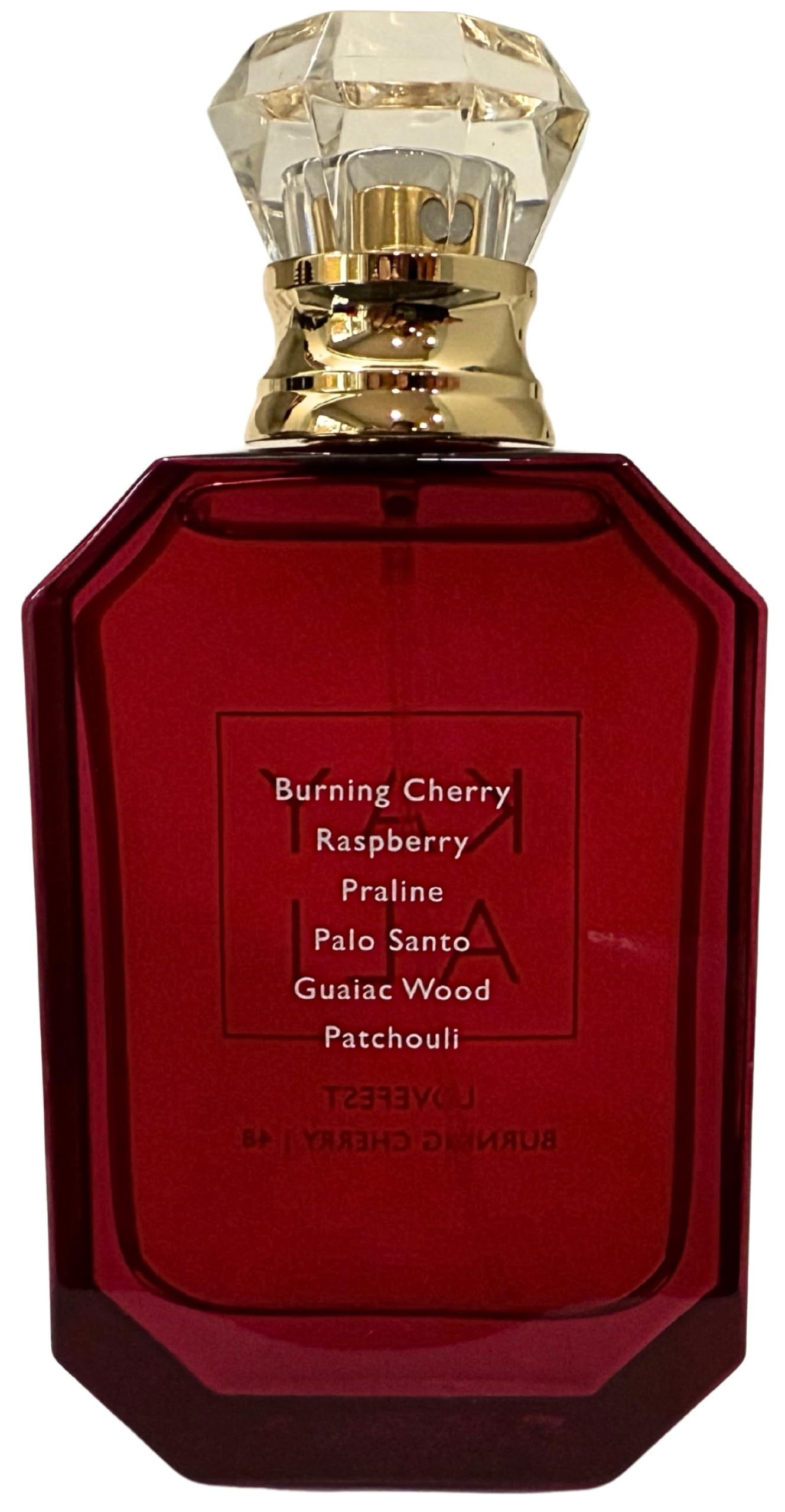 Kayali Lovefest Burning Cherry heart praline palo santo: warm gourmand core with woody sophistication.