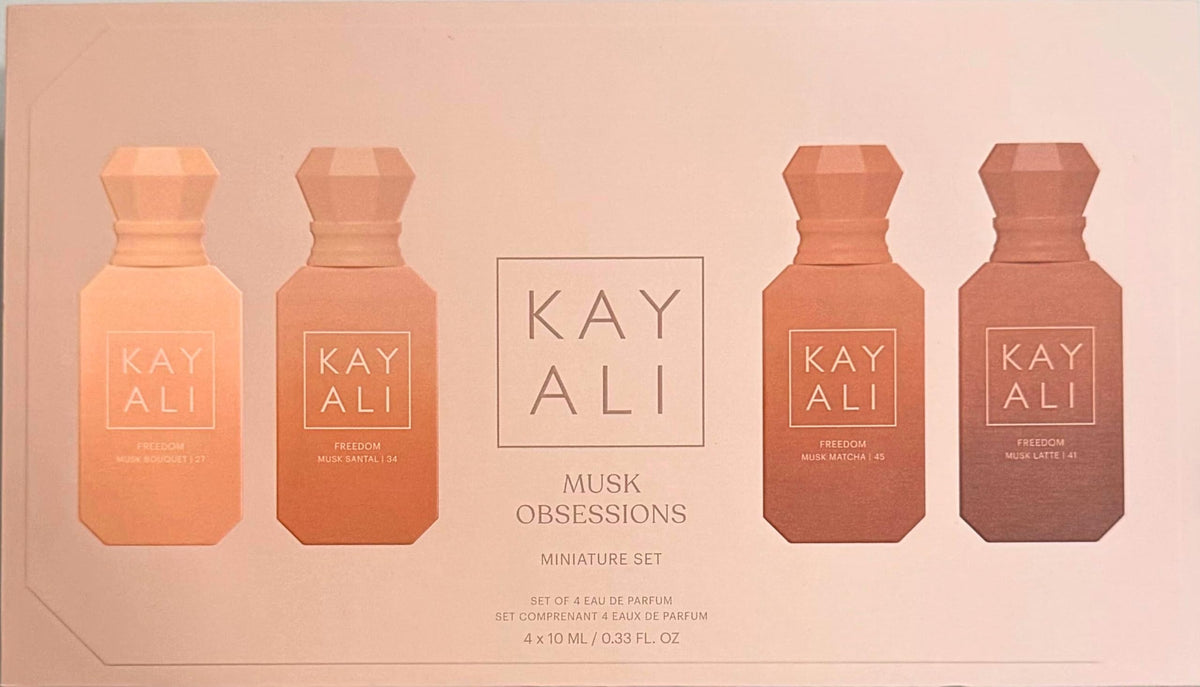 Kayali Musk Obsessions mini set packaging shows four travel-size bottles for easy layering.