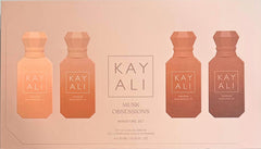 Kayali Musk Obsessions mini set packaging shows four travel-size bottles for easy layering.