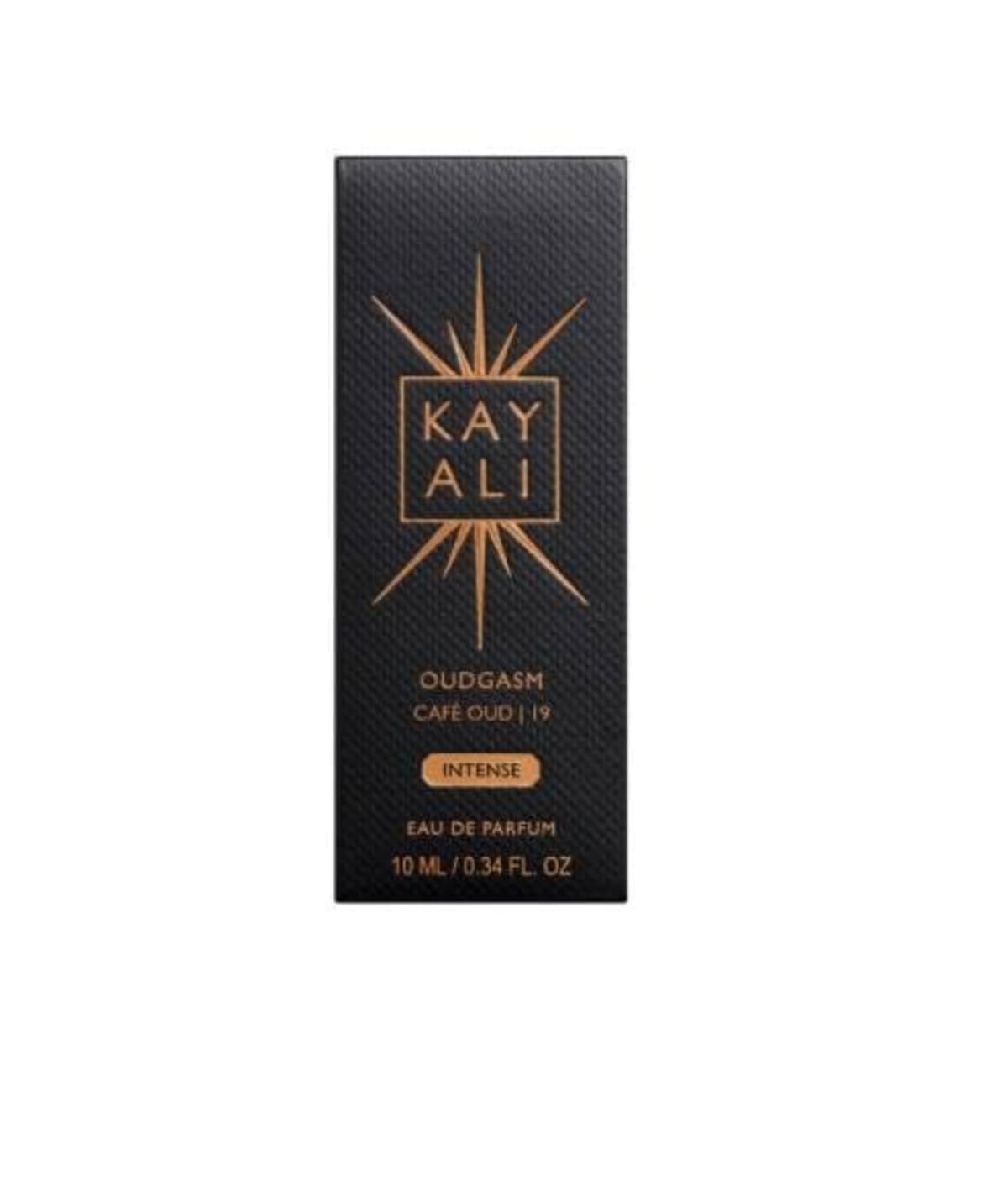 Kayali Oudgasm Café Oud packaging highlighting luxury branding