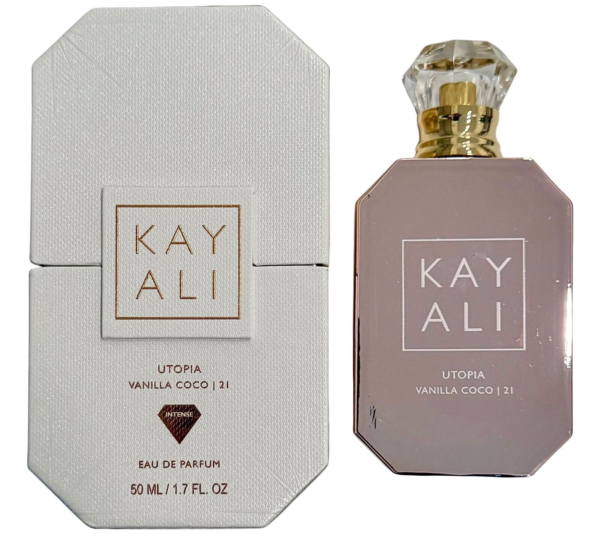 Kayali Utopia Vanilla Coco bottle close-up highlighting tropical notes for confident wear.