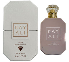 Kayali Utopia Vanilla Coco bottle close-up highlighting tropical notes for confident wear.