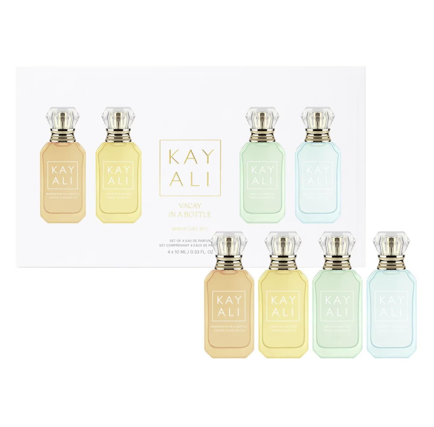 Kayali Vacation in a Bottle mini set packaging, four travel-ready scents for on-the-go layering.