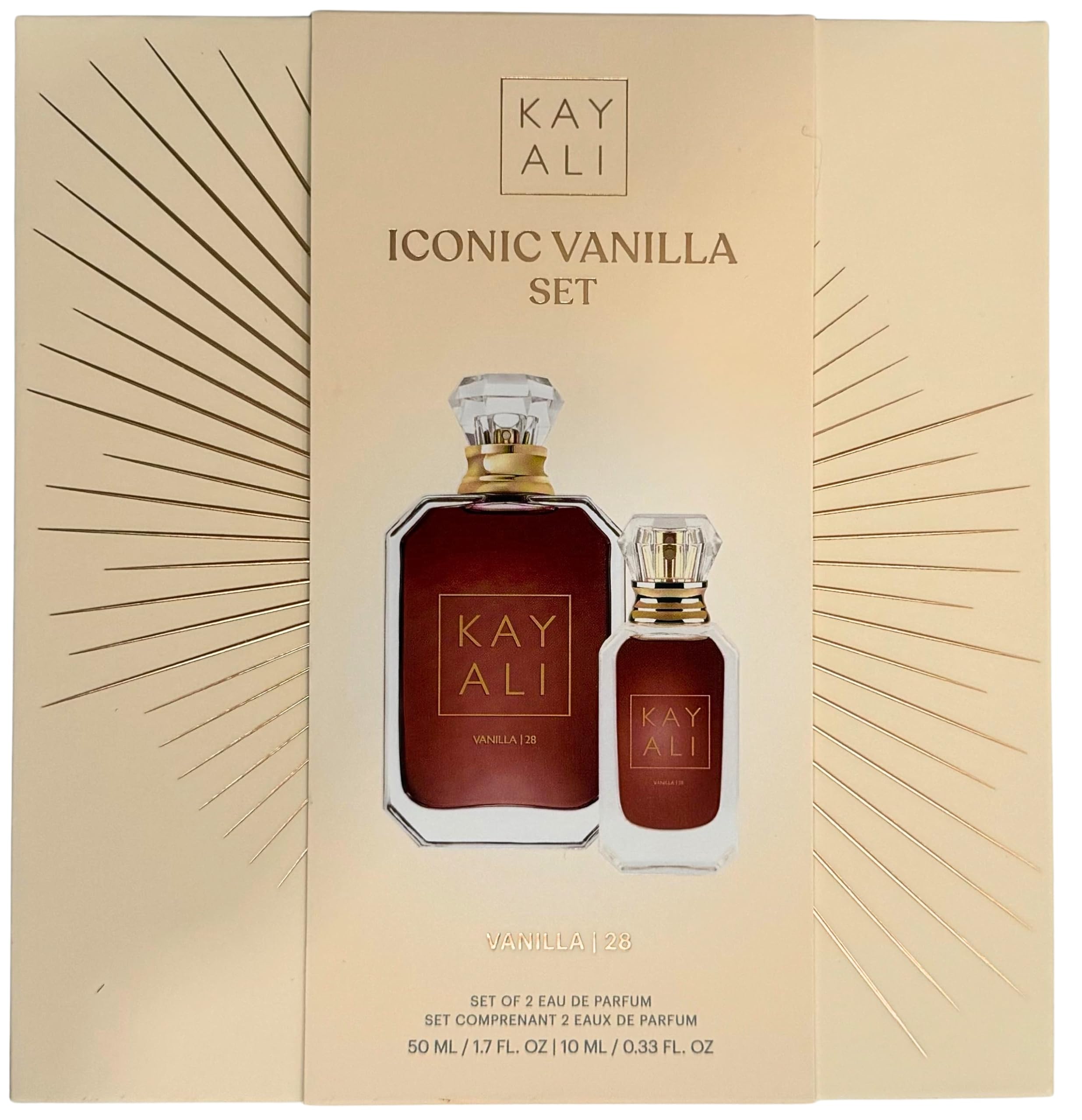 KAYALI Vanilla 28 iconic set 50ml bottle on vanity for everyday luxury.