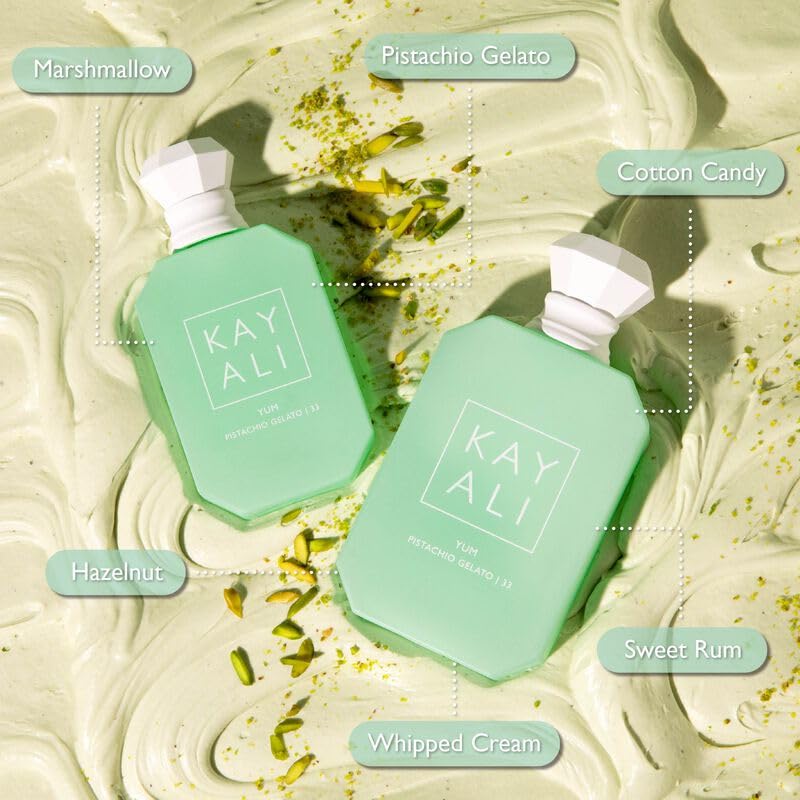 KAYALI Yum Pistachio Gelato 33 EDP Intense bottle, sleek, gift-ready packaging.