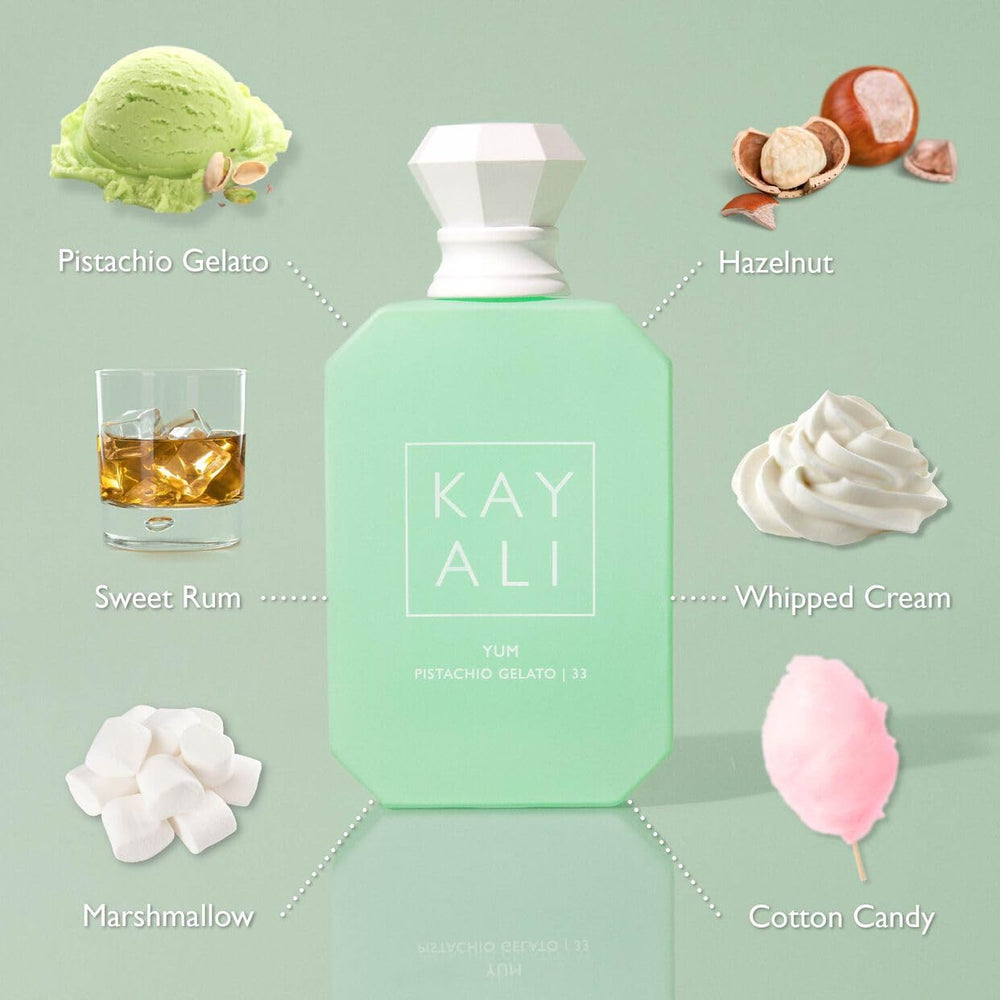 KAYALI Yum Pistachio Gelato 33 EDP Intense spray, creamy pistachio vibe for daily wear.