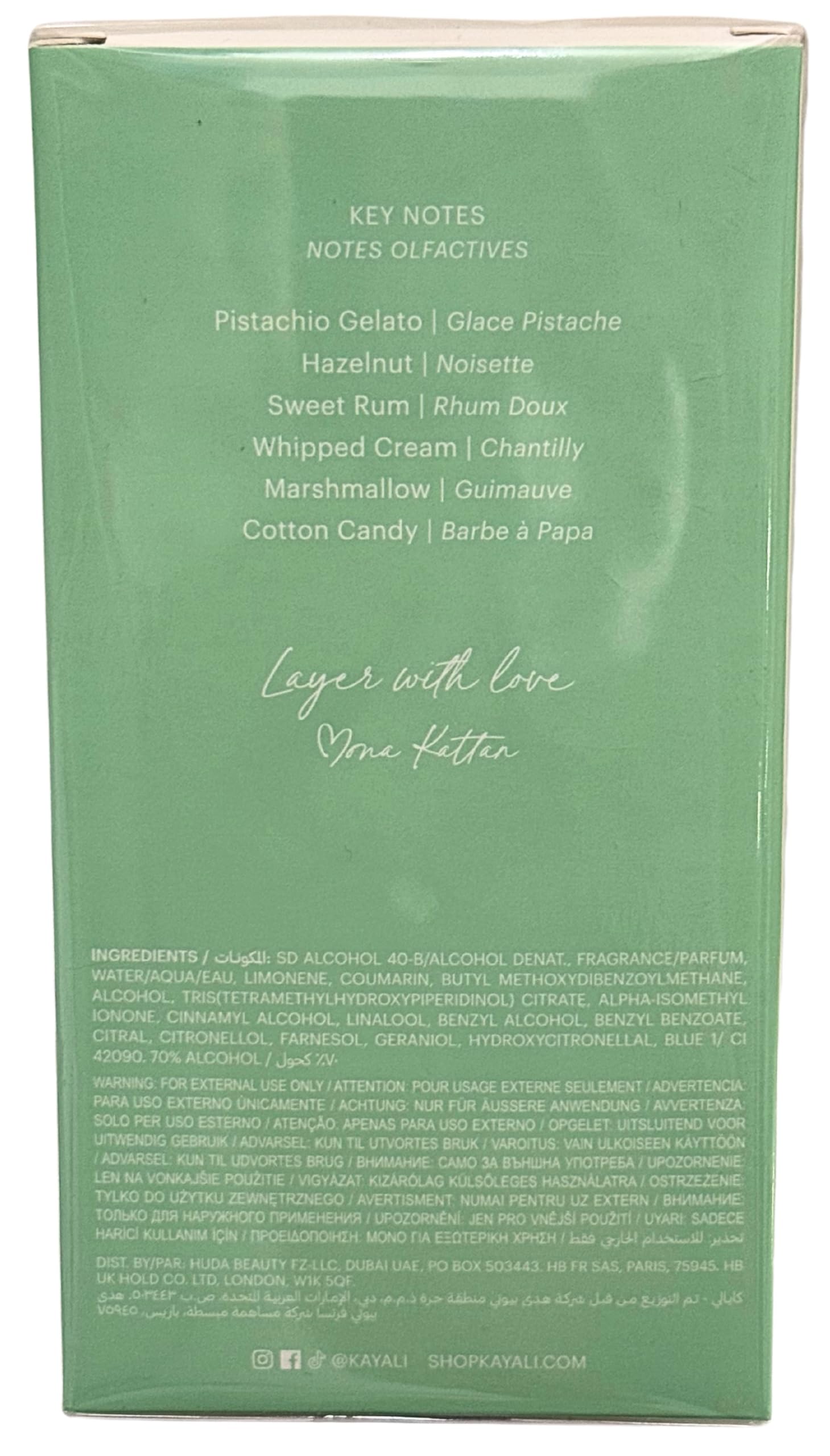 Kayali Yum Pistachio Gelato 33 Intense EDP box packaging for gifting and shelf appeal.