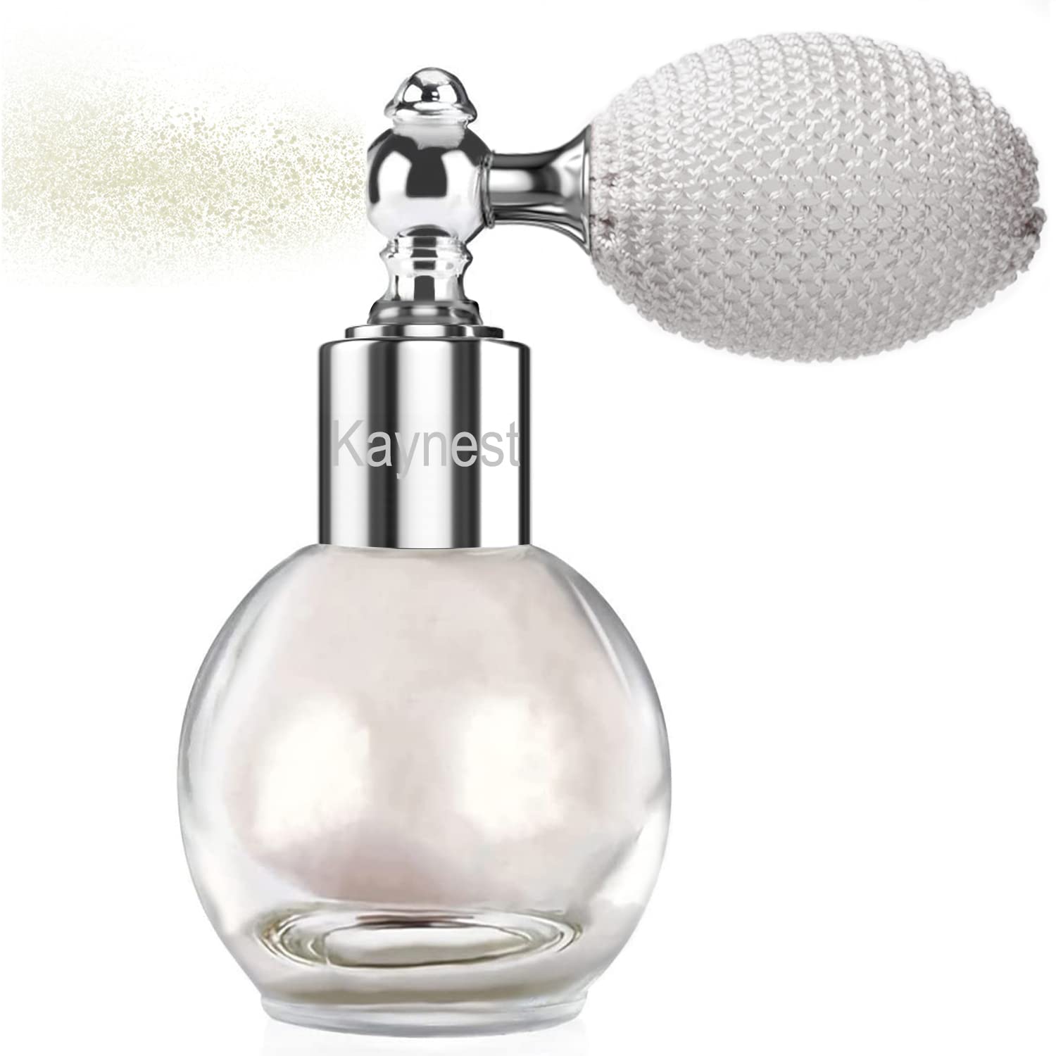 Kaynest face glitter highlighter spray on cheeks with pearl-white shimmer for festival looks