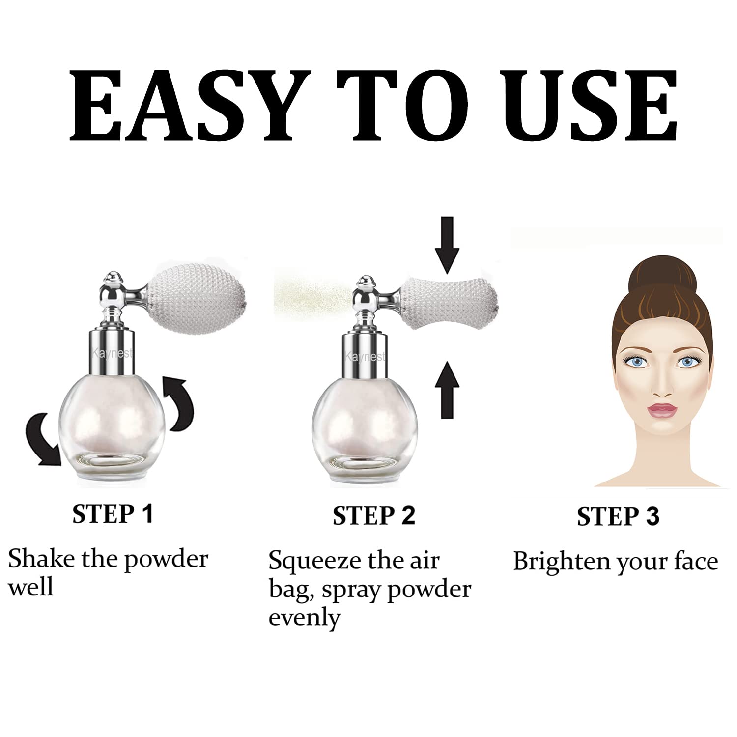 Kaynest neck and collarbone glitter spray creates pearl-white glow at décolletage