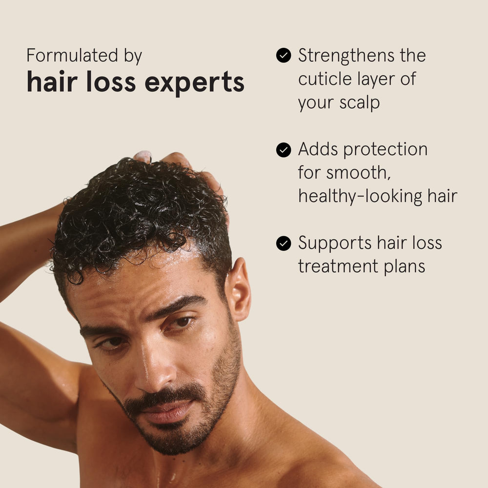 Keeps biotin caffeine green tea saw palmetto ingredients close-up for scalp health.