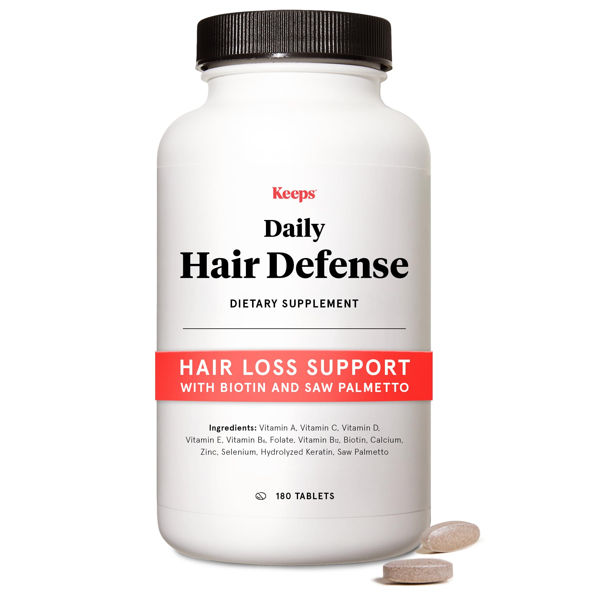 Keeps Daily Hair Growth Supplement bottle on white background for daily hair health support.