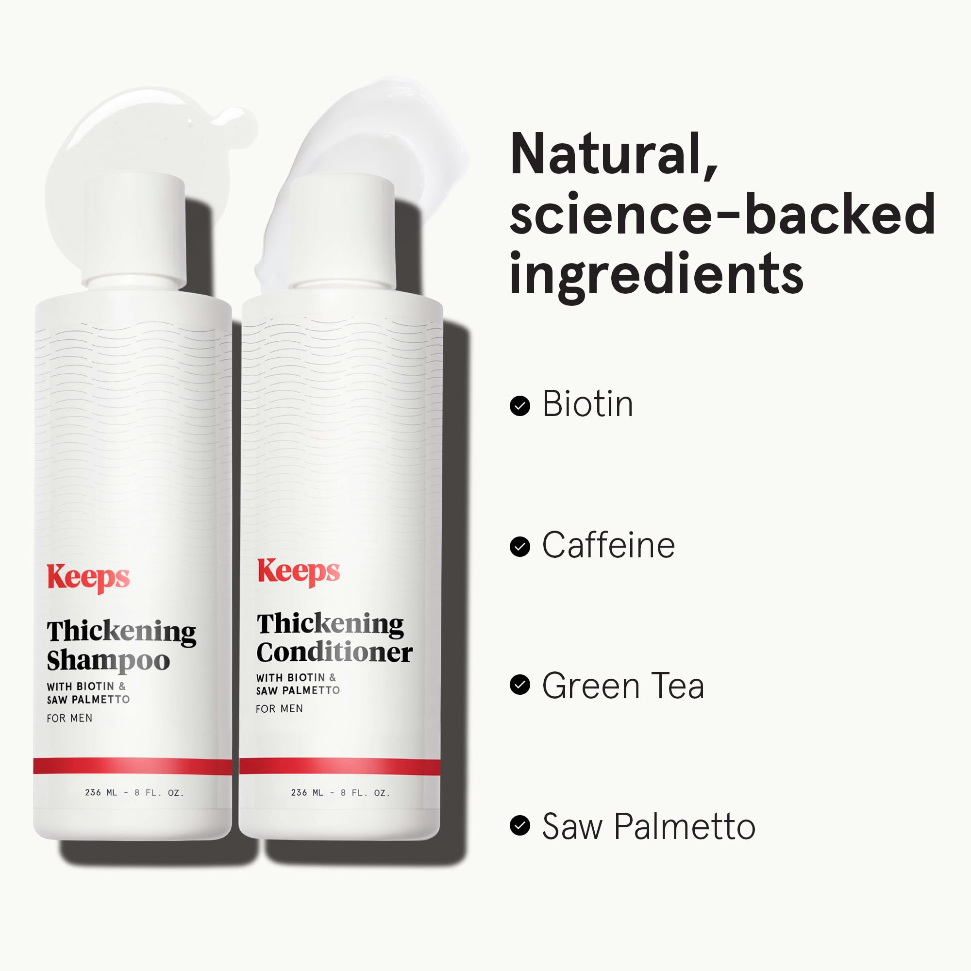 Keeps thickening conditioner label closeup featuring saw palmetto and color-safe formula.