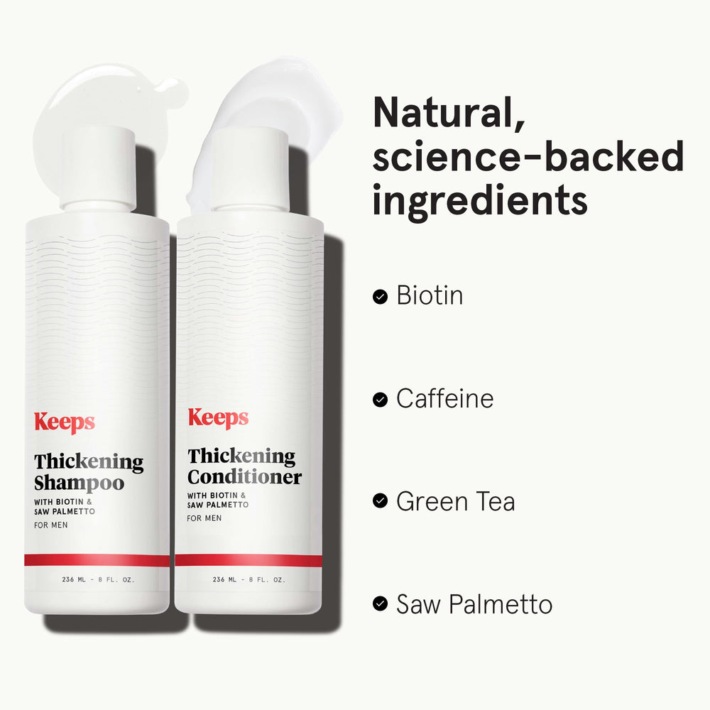 Keeps thickening conditioner label closeup featuring saw palmetto and color-safe formula.