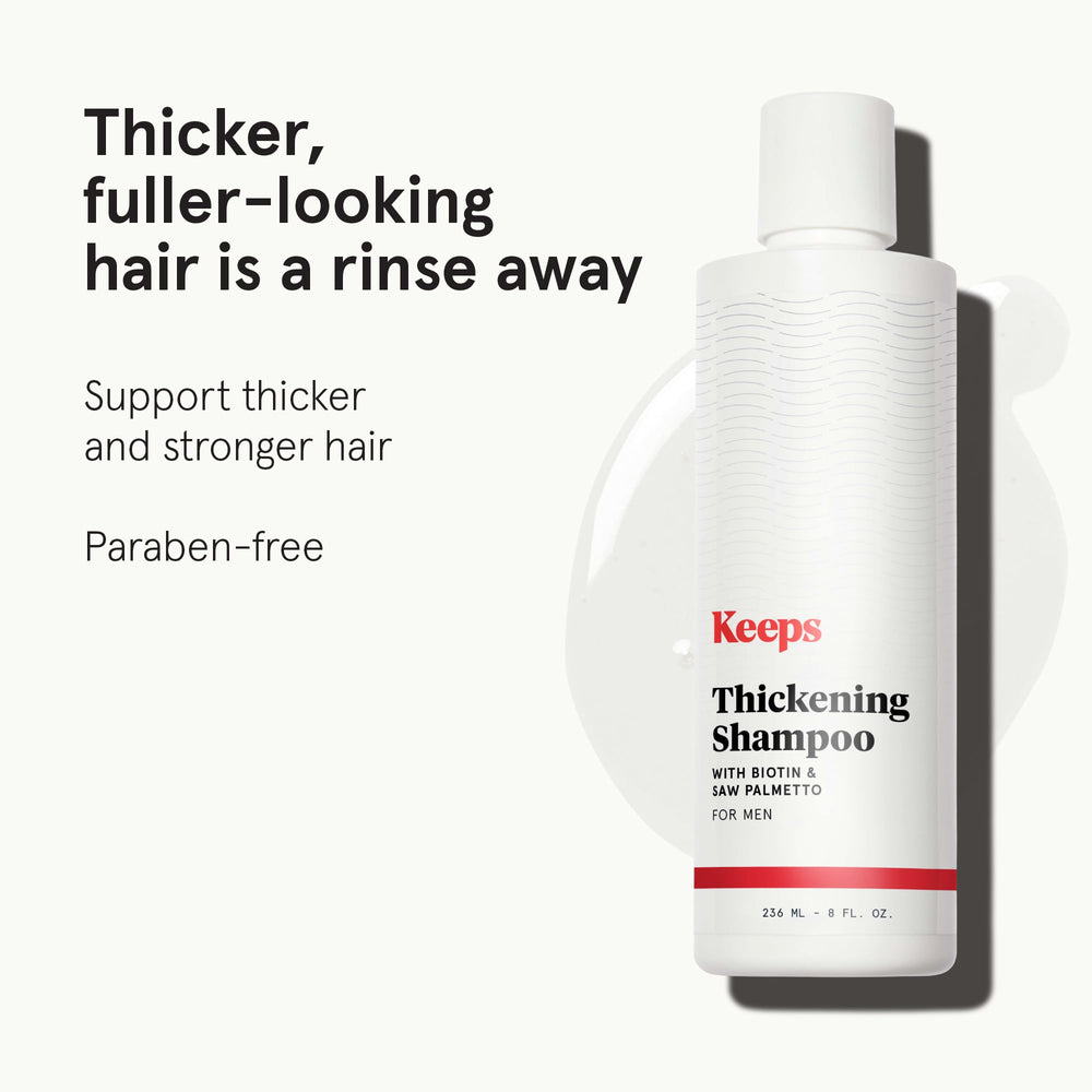Keeps Thickening Shampoo bottle pour demonstrates easy daily use.