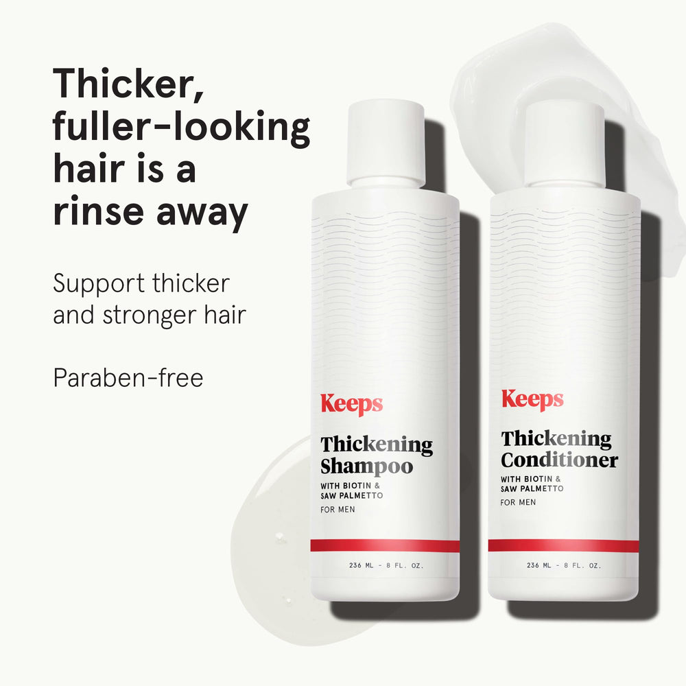 Keeps thickening shampoo label closeup highlighting caffeine and green tea.