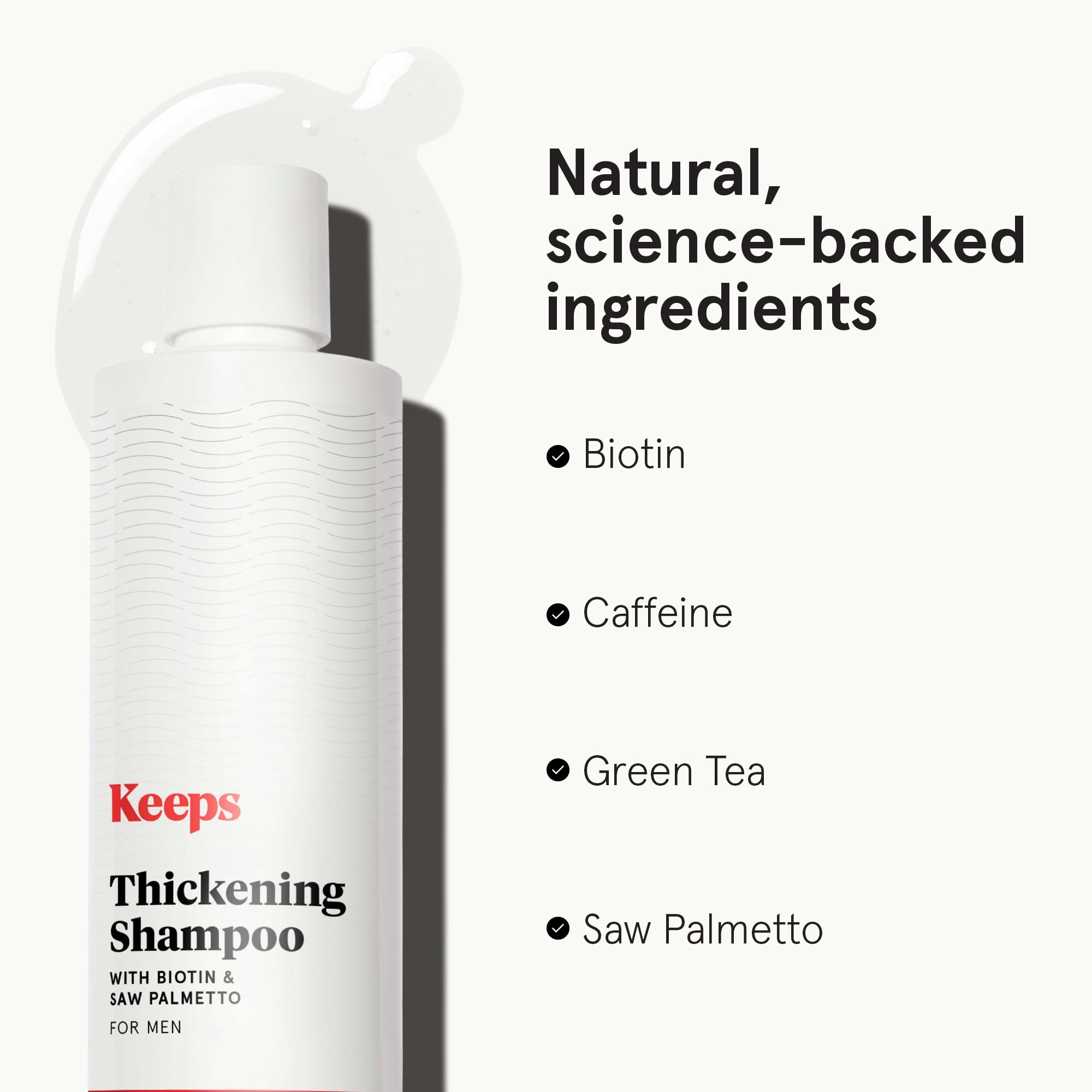 Keeps Thickening Shampoo label packaging highlights biotin and caffeine.