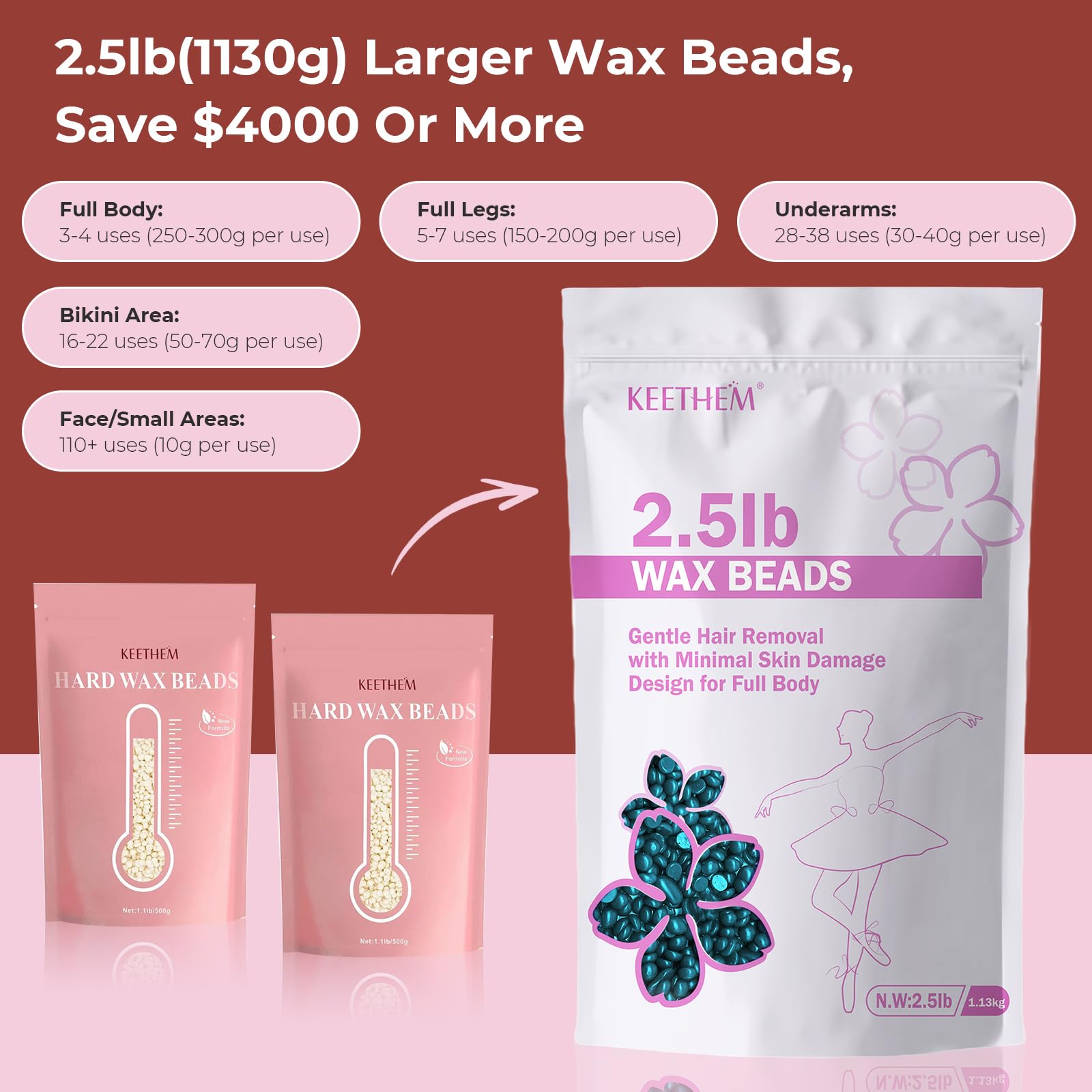 Keethem wax melts allow easy application and mess-free waxing.