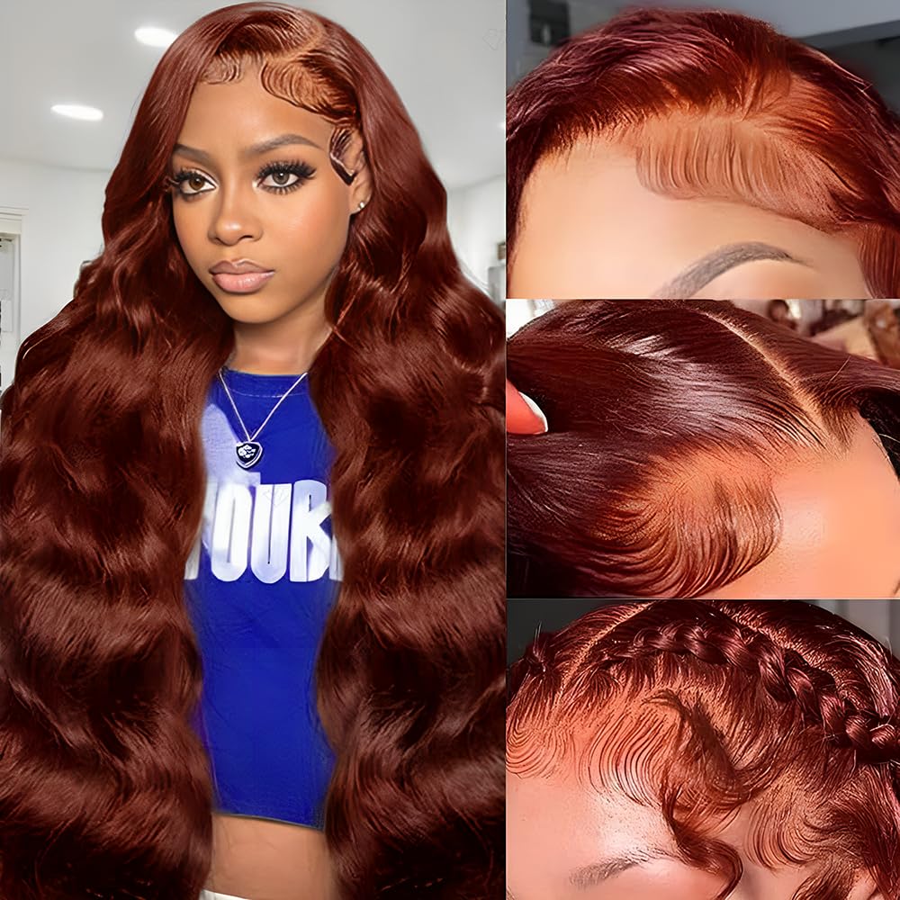 KEKEYY 28-inch reddish brown lace front wig, full front view for a natural look