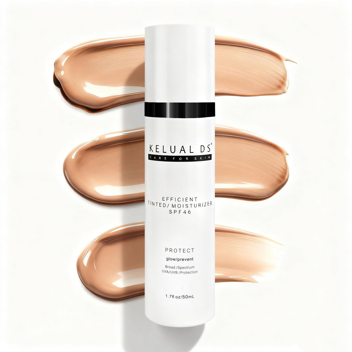 KELUAL DS anti-aging tinted moisturizer bottle closeup with sheer coverage that blends with skin