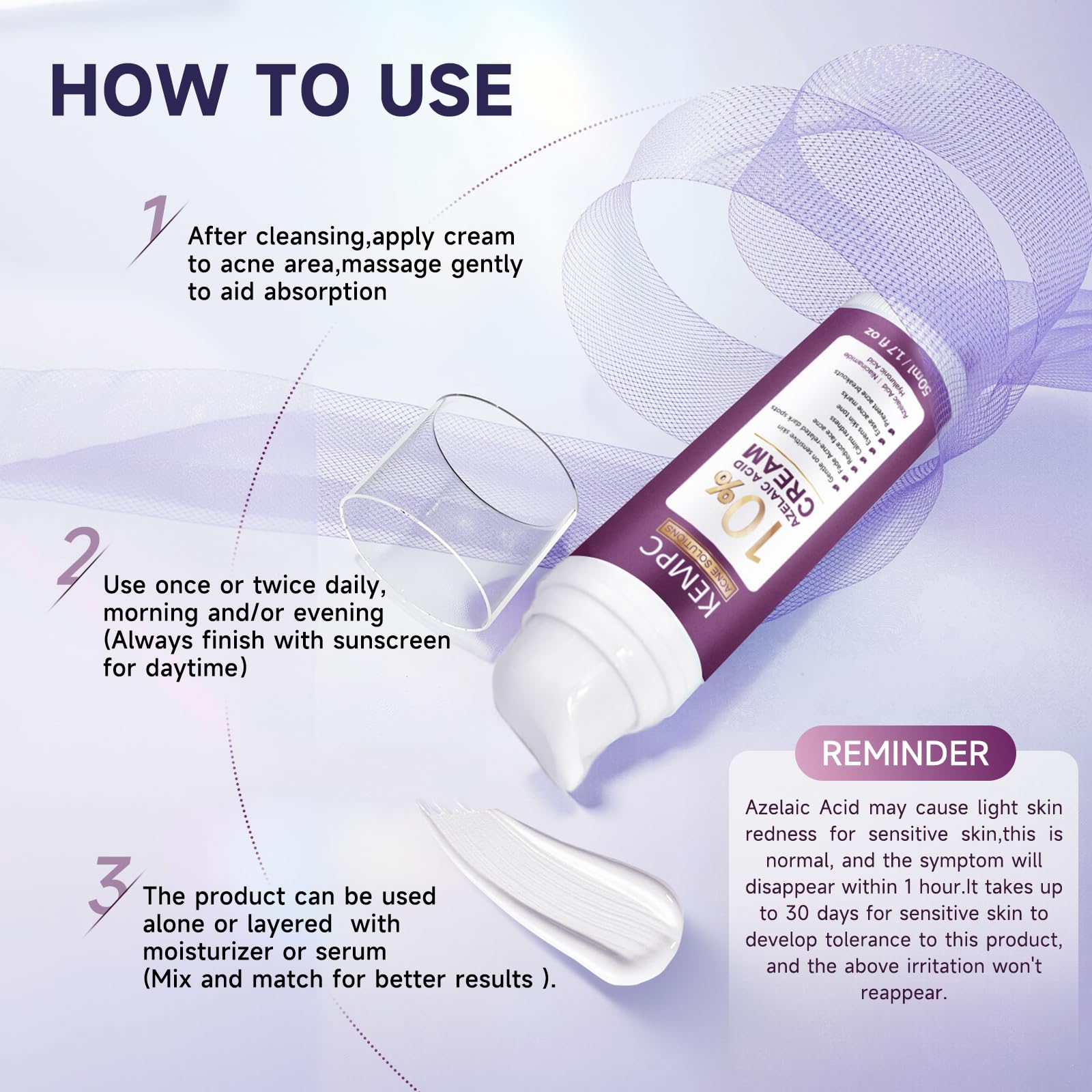 Kempc daily-use application scene with sunscreen pairing shown.