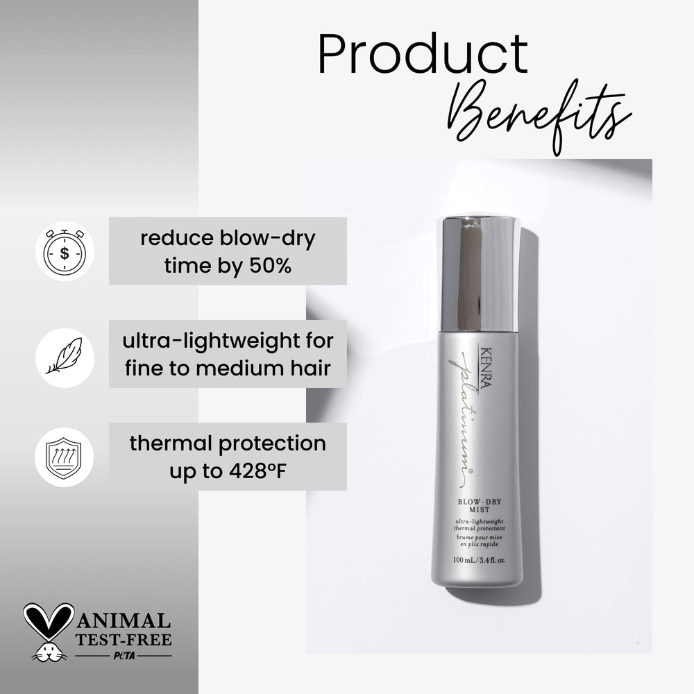 Kenra Platinum Blow-Dry Mist bottle side view showing lightweight protection during heat styling.