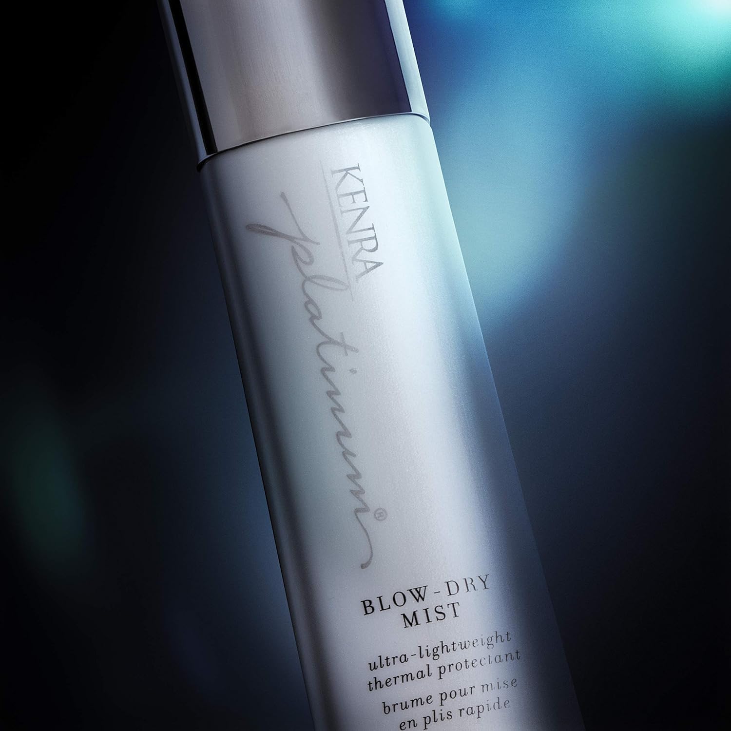 Kenra Platinum Blow-Dry Mist label detail emphasizing heat protection.