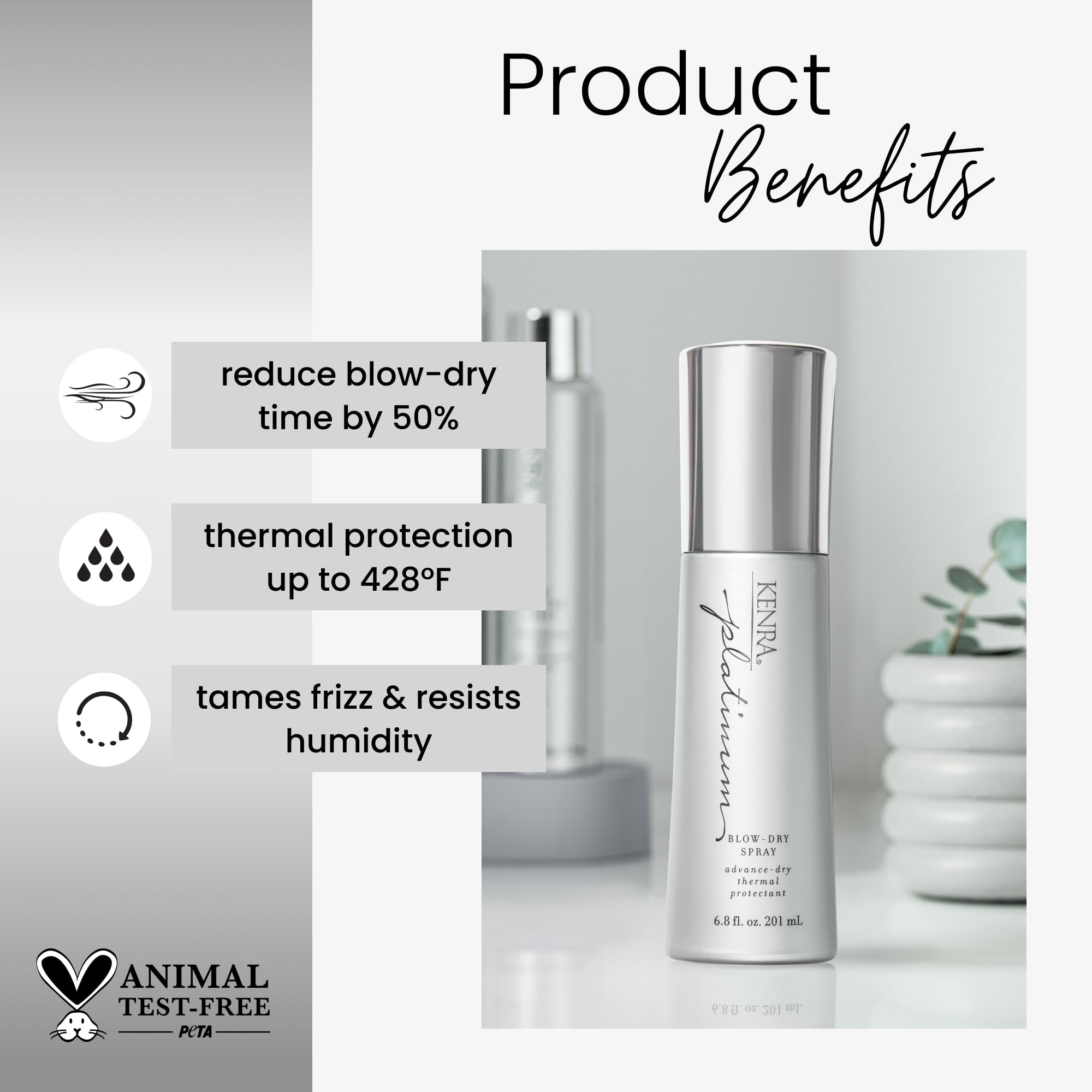 Kenra Platinum Blow-Dry Spray bottle side view highlights compact, easy-to-use design.