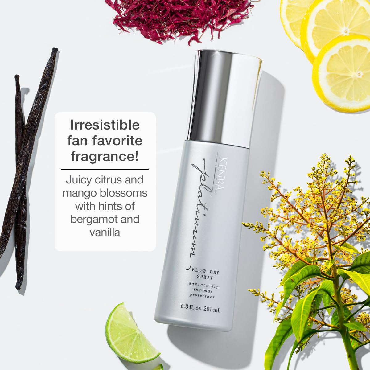 Kenra Platinum Blow-Dry Spray label close-up showcases heat protection and frizz control.
