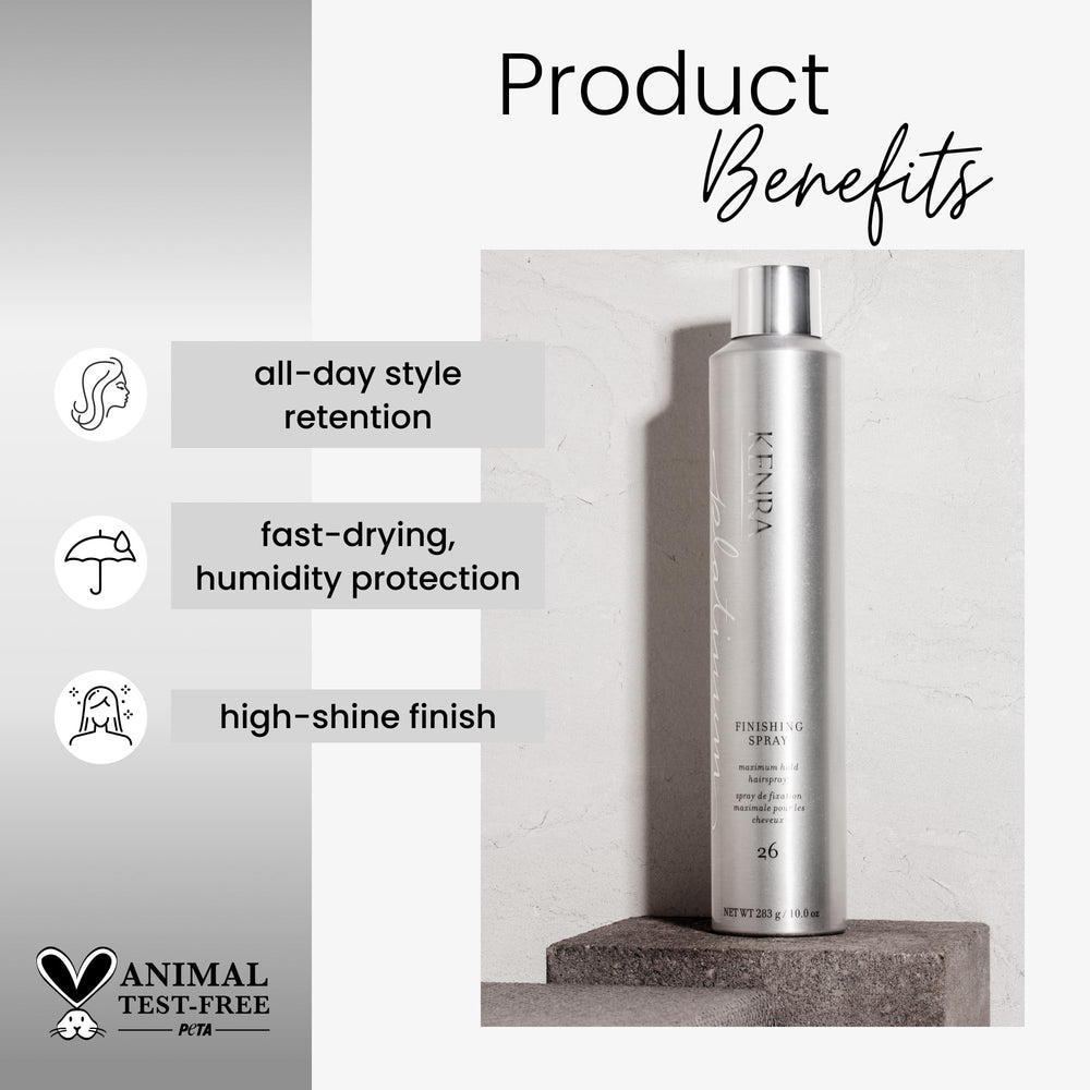 Kenra Platinum Finishing Spray in action, providing strong hold without stiffness.