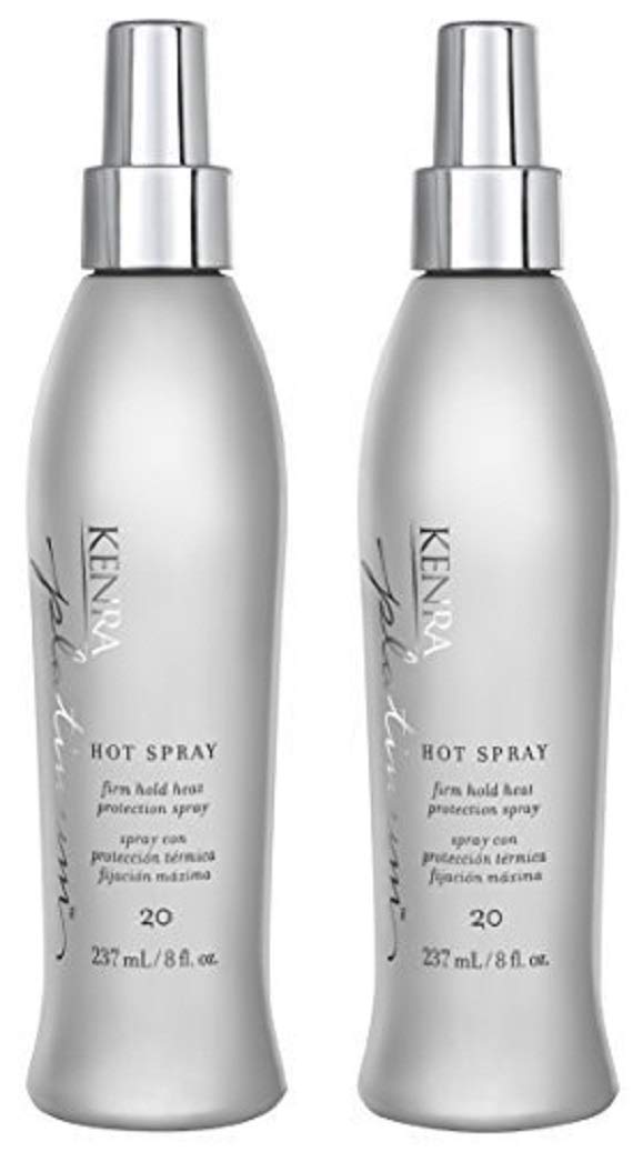 Kenra Platinum Hot Spray bottle demonstrating heat protection and vibrant shine.