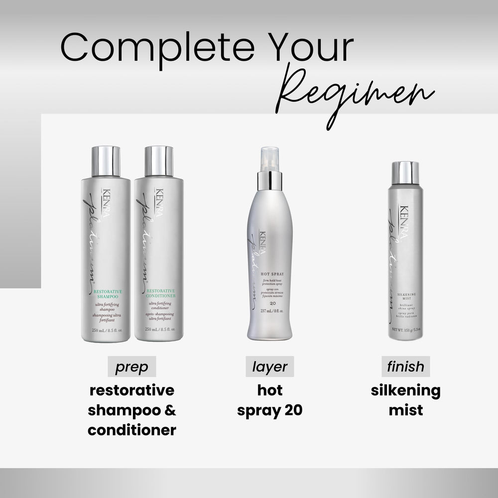 Kenra Platinum Hot Spray in a bathroom scene highlighting humidity protection.